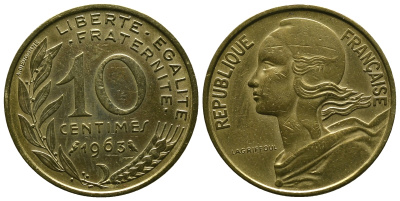 ФРАНЦИЯ 10 САНТИМОВ 1963 ТИП MARIANE KM 929, LE FRANC 144.3 алюминиевая бронза 4381-624