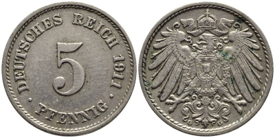 Германия 5 пфеннигов 1911 G KM 11, Jager 12, Weege 6 медно-никель 4547-526