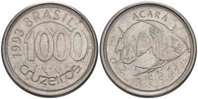 Бразилия 1000 крузейро 1993 реформа 1990-1993, рыбка Акара KM 626 нержавеющая сталь 26-1065