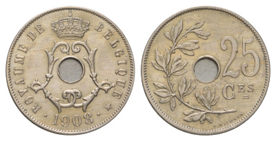 Бельгия 25 сантимов 1908 Belgique, Леопольд II (1865-1909) KM 62 медно-никель aUNC 3896-532