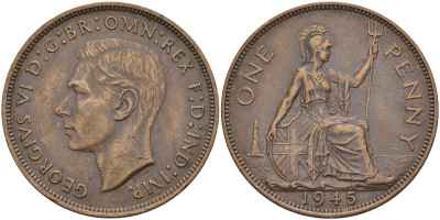 Великобритания 1 пенни 1945 Георг VI (1936-1952) KM 845, Spink 4114 бронза 4117-1231
