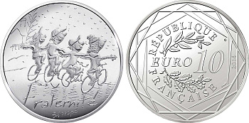 Франция 10 евро 2014 карикатуры Жан-Жака Сампе, зима-братство, дети шарфах на велосипедах, в оригинальном буклете KM NEW серебро UNC 1-4-3-07