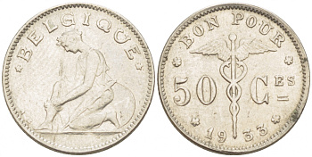 БЕЛЬГИЯ 50 САНТИМОВ 1933 BELGIQUE KM 87 никель 261-1638