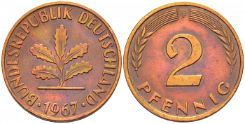 ФРГ 2 ПФЕННИГА 1967 J KM 106, J.381 бронза 4396-1559