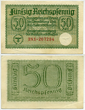 ГЕРМАНИЯ 50 РЕЙХСПФЕННИГОВ 1940-1945 ДЛЯ ОККУПИРОВАННЫХ ТЕРРИТОРИЙ Pick R135 бумага 3295-87-1-2