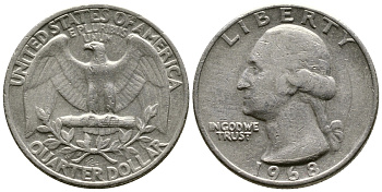 США 25 центов (квотер) 1968 Вашингтон KM 164а медь плакированная медно-никелем 57-355