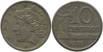 Бразилия 10 сентаво 1970 KM 578.2, Schon 83a нержавеющая сталь 4577-535