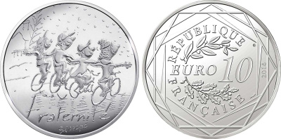 Франция 10 евро 2014 карикатуры Жан-Жака Сампе, зима-братство, дети шарфах на велосипедах, в оригинальном буклете KM NEW серебро UNC 1-4-3-07