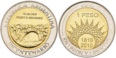 Аргентина 1 песо 2010 ледник Перито-Морено KM 160 биметалл UNC 4175-323