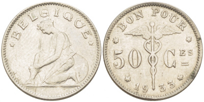 БЕЛЬГИЯ 50 САНТИМОВ 1933 BELGIQUE KM 87 никель 261-1638