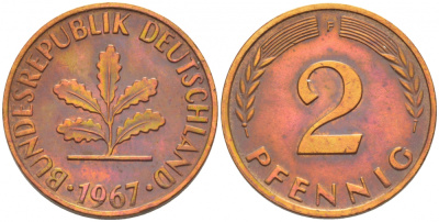 ФРГ 2 ПФЕННИГА 1967 J KM 106, J.381 бронза 4396-1559