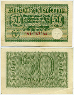 ГЕРМАНИЯ 50 РЕЙХСПФЕННИГОВ 1940-1945 ДЛЯ ОККУПИРОВАННЫХ ТЕРРИТОРИЙ Pick R135 бумага 3295-87-1-2