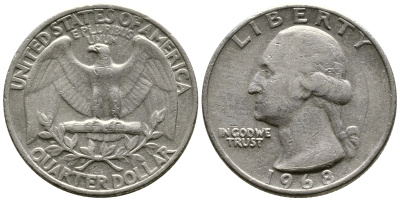 США 25 центов (квотер) 1968 Вашингтон KM 164а медь плакированная медно-никелем 57-355