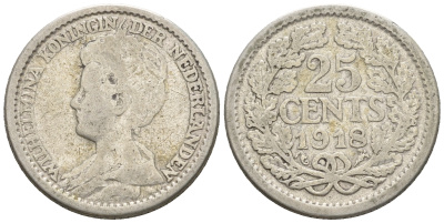 Нидерланды 25 центов 1918 Вильгельмина I (1890-1948) KM 146 серебро 4609-764