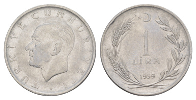 Турция 1 лира 1959 Кемаль Ататюрк KM 889a.1 нержавеющая сталь 4648-736