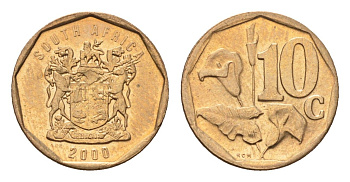 ЮАР 10 центов 2000 герб, цветок алоэ KM 161 сталь плакированная бронзой UNC 4694-762