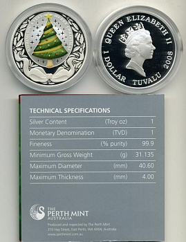 ТУВАЛУ 1 ДОЛЛАР 2008 РОЖДЕСТВО PROOF серебро эмаль Ш2