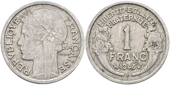 Франция 1 франк 1948 В, мондвор Бомон-ле-Роже KM 885а.2, Le Franc 221.14 алюминий 4591-1057