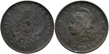 Аргентина 2 сентаво 1892 голова свободы влево KM 8 бронза 4531-1116