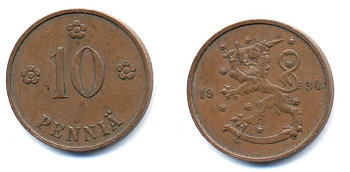 Финляндия 10 пенни 1934 республика (1918-1962) KM 24 медь 51-5345