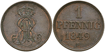 Ганновер 1 пфенниг 1849 B, Эрнст Август (1837-1851) KM 201.1, AKS 129, J. 74 медь 4608-1038