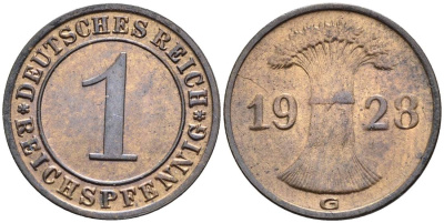 ГЕРМАНИЯ 1 РЕЙХСПФЕННИГ 1928 G KM 37, J. 313, Weege 2 бронза 4547-133