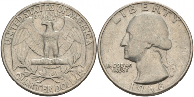 США 25 центов (квотер) 1968 Вашингтон KM 164a медь плакированная медно-никелем 73-322