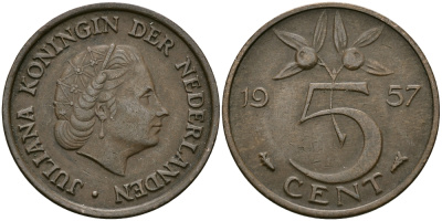 НИДЕРЛАНДЫ 5 ЦЕНТОВ 1957 ЮЛИАНА KM 181 бронза 95-327
