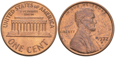 США 1 ЦЕНТ 1972 S, ЛИНКОЛЬН KM 201 медь цинк 188-157