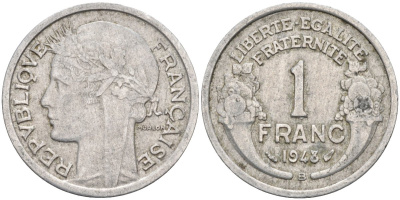 Франция 1 франк 1948 В, мондвор Бомон-ле-Роже KM 885а.2, Le Franc 221.14 алюминий 4591-1057