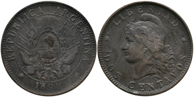 Аргентина 2 сентаво 1892 голова свободы влево KM 8 бронза 4531-1116