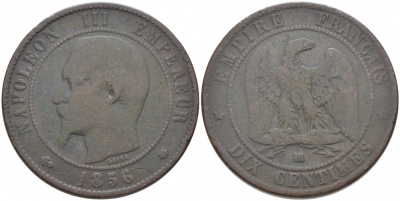 Франция 10 сантимов 1856 BB, Наполеон III (1852-1870) KM 771.3, Le Franc 133.34 бронза 3460-931