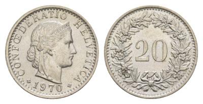 Швейцария 20 раппенов 1970 KM 29a медно-никель 4625-1166