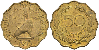 Парагвай 50 сентимо 1953 лев, фригийский колпак на шесте KM 28 алюминиевая бронза  aUNC  4177-751