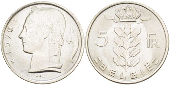 БЕЛЬГИЯ 5 ФРАНКОВ 1976 BELGIE, БОДУЭН I (1951-1993) KM 135.1 медно-никель 202-1223