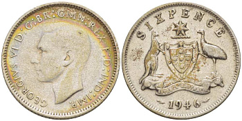 АВСТРАЛИЯ 6 ПЕНСОВ 1946 m, ГЕОРГ VI (1937-1952), ГЕРБ АВСТРАЛИИ, ПРОБА 500, ДИАМЕТР 19,4 ММ. KM 38а серебро 4516-121