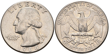 США 25 центов (квотер) 1984 D, Вашингтон KM A164a медь плакированная медно-никелем 4584-1214