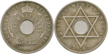 Британская Западная Африка 1/2 пенни 1947 KN, Георг VI KM 18 медно-никель 25-1011