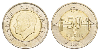 Турция 50 курушей 2009 Кемаль Ататюрк KM 1243 биметалл UNC 4648-734