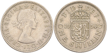 Великобритания 1 шиллинг 1954 Елизавета II (1952-2022), Шотландский герб KM 905, Spink 4148 медно-никель 4556-622