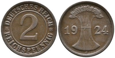 ГЕРМАНИЯ 2 РЕЙХСПФЕННИГА 1924 J KM 38, J. 314 бронза 24-726