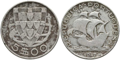 Португалия 5 эскудо 1947 КМ 581 серебро 202-426