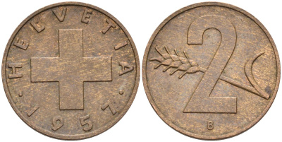 Швейцария 2 раппена 1957 В KM 47 бронза 4591-1136