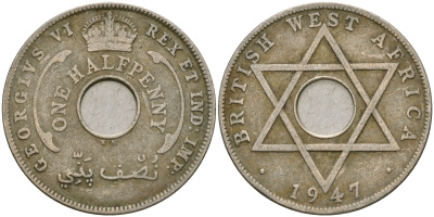 Британская Западная Африка 1/2 пенни 1947 KN, Георг VI KM 18 медно-никель 25-1011