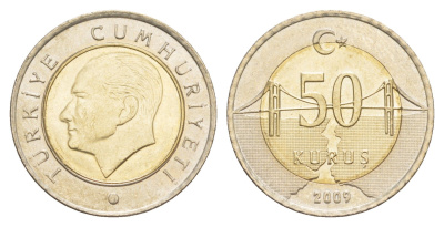 Турция 50 курушей 2009 Кемаль Ататюрк KM 1243 биметалл UNC 4648-734