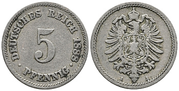 ГЕРМАНИЯ 5 ПФЕННИГОВ 1888 A, СТАРОГЕРБОВКА KM 3, J. 3 медно-никель 39-417