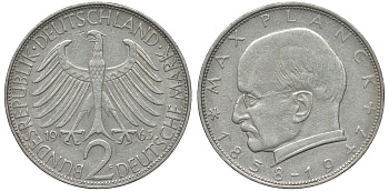 ФРГ 2 марки 1963 F, Макс Планк KM 116, J. 392 медно-никель плакированный никелем 72-324