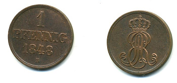 Ганновер 1 пфенниг 1848 B, Эрнст Август (1837-1851) KM 201.1, AKS 129, J. 74 медь 36-1124