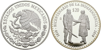 Мексика 20 песо 2010 200 лет независимости Мексики, Идальго и Морелос KM 940 серебро PROOF 11-243-33
