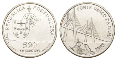 Португалия 500 эскудо 1998 Открытие моста Васко да Гама KM 705 серебро BU 32-823